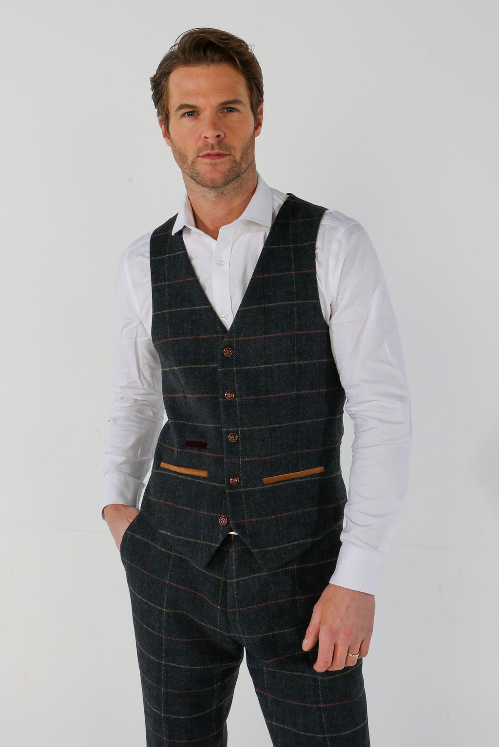 Mens navy tweed check plaid waistcoat Thomas