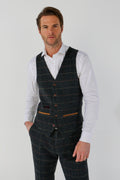 Mens navy tweed check plaid waistcoat Thomas