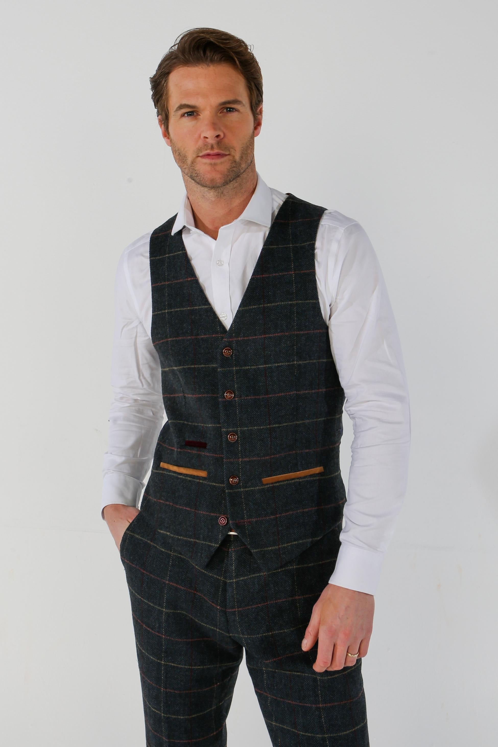 Mens navy tweed check plaid waistcoat Thomas