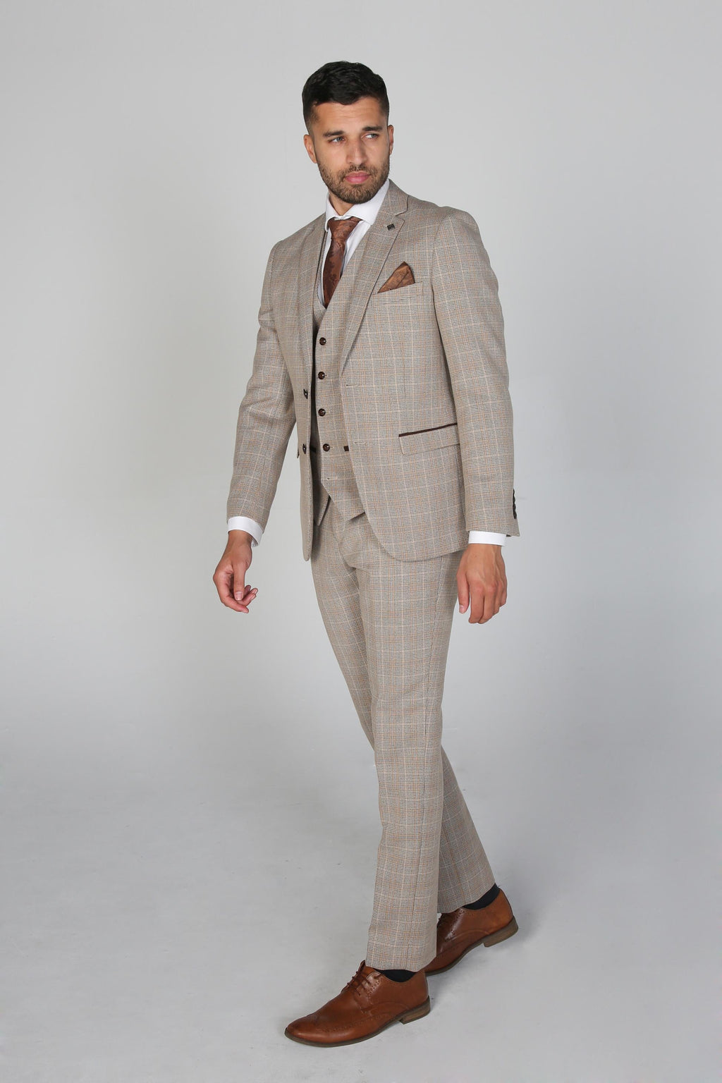 Mens Beige Brown Tweed Check Tailored Fit Suit HOLLAND