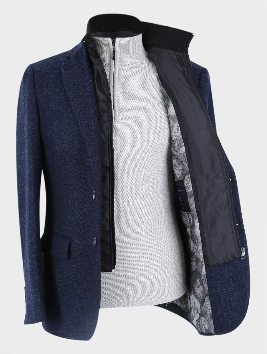 Mens Navy Herringbone Coat with Removable Zipper