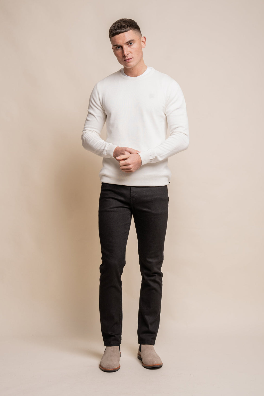 Mens Ecru Cotton Slim Fit Crewneck Jumper