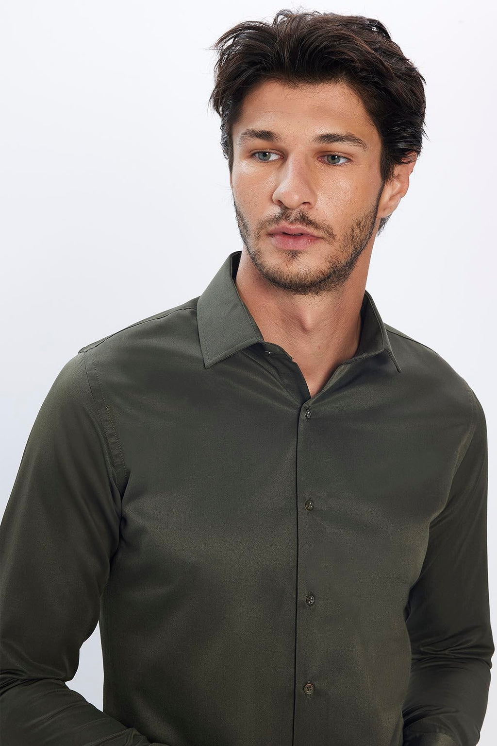 Mens Dimi Dotti Khaki Green Cotton Blend Slim Fit Dress Shirt