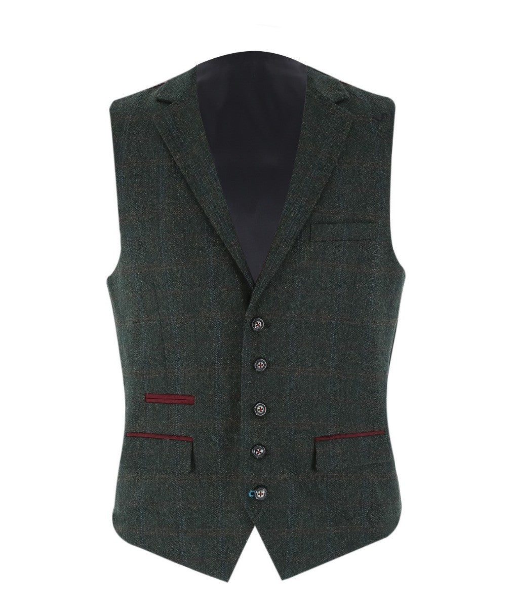 Mens Green Tweed Check Tailored Fit Waistcoat JOSHUA