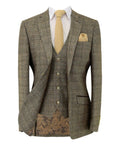 Men's tailored fit tweed windowpane check beige suit