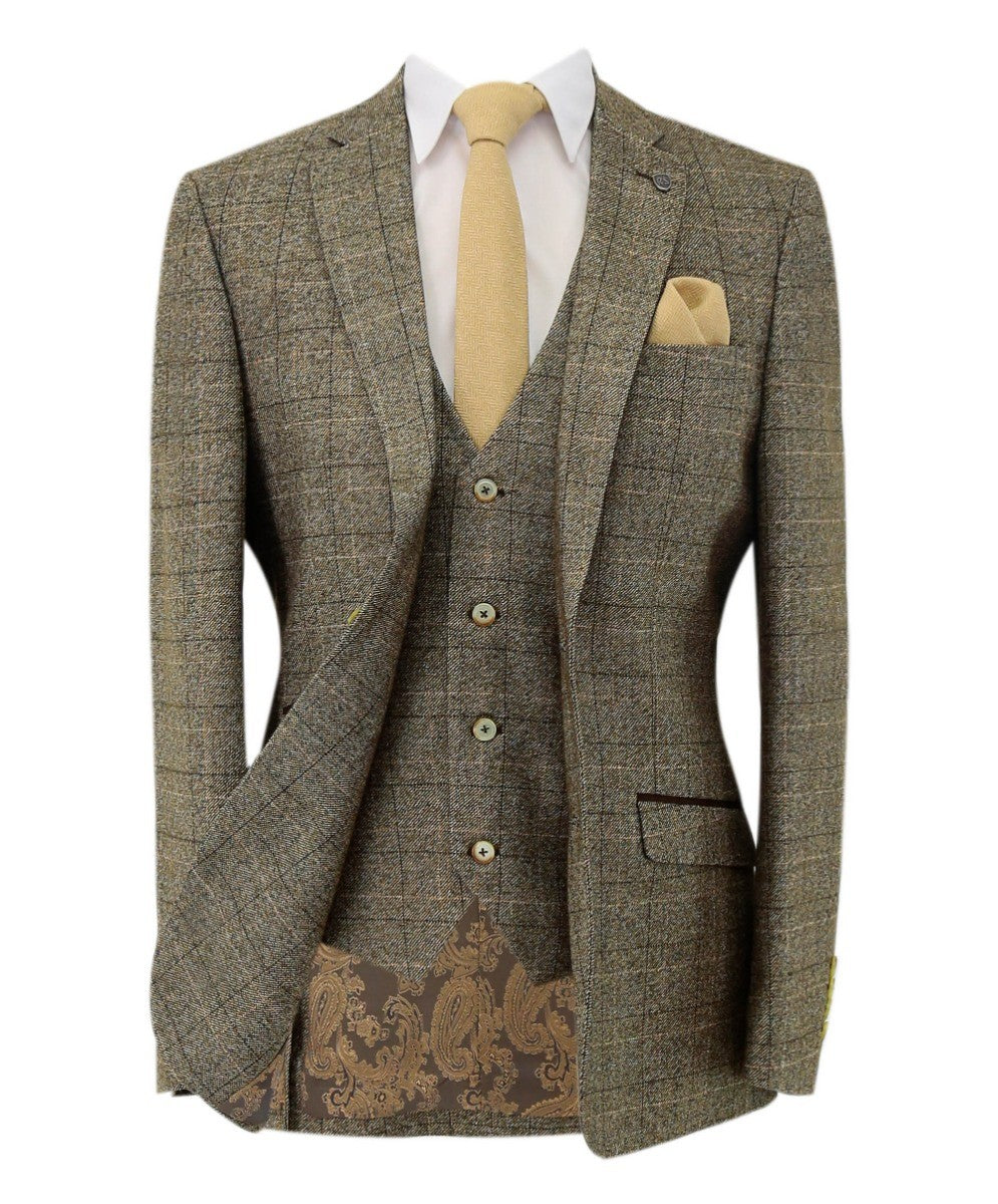 Men's tailored fit tweed windowpane check beige suit
