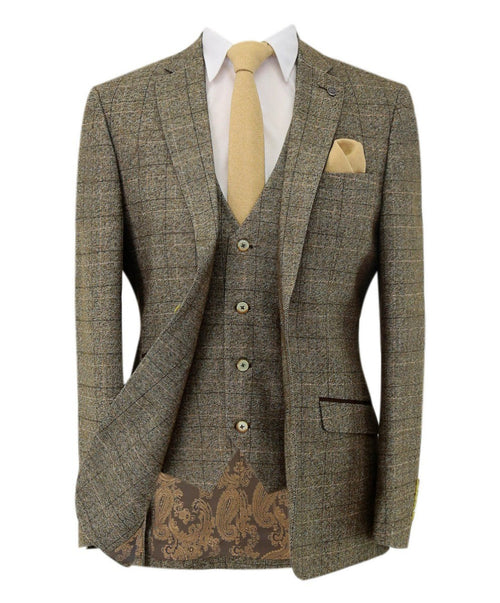 Men's tailored fit tweed windowpane check beige suit