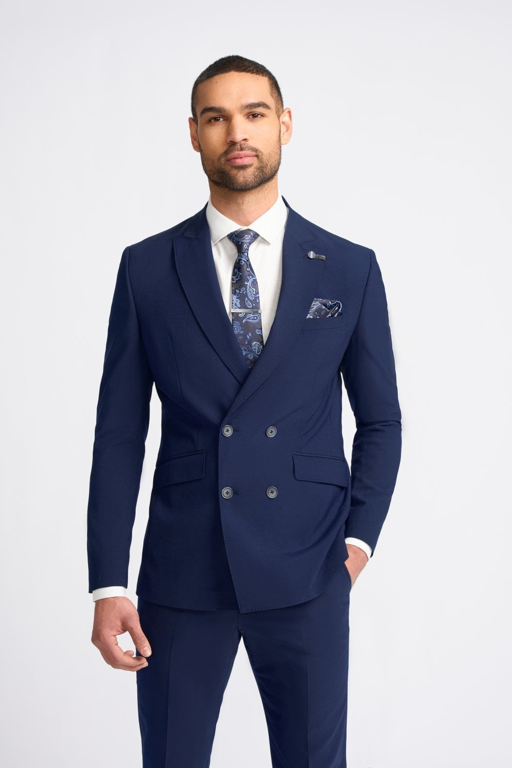 VICTORIOUS Navy Blue Men's Wool Mix Double Breasted Slim Fit Suit