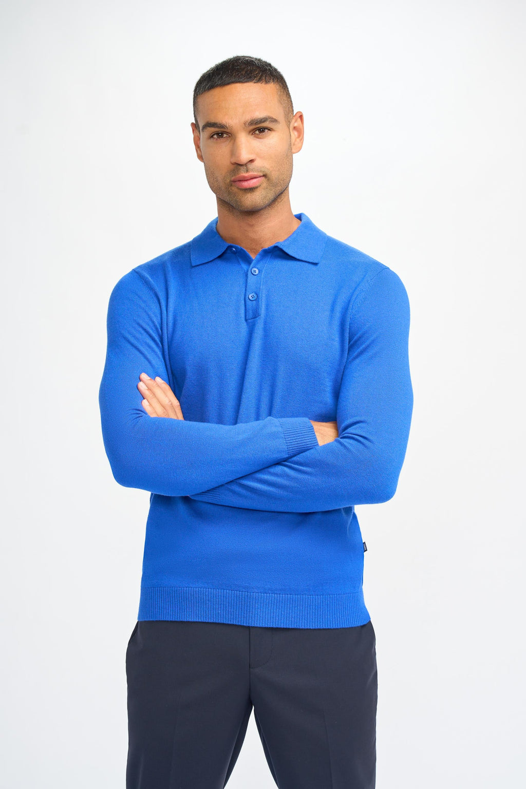 Mens Electric Blue Wool Knit Long Sleeve Polo Shirt BOOM