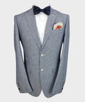 Image of men’s linen slim fit suit in sage green, jacket and trouser set