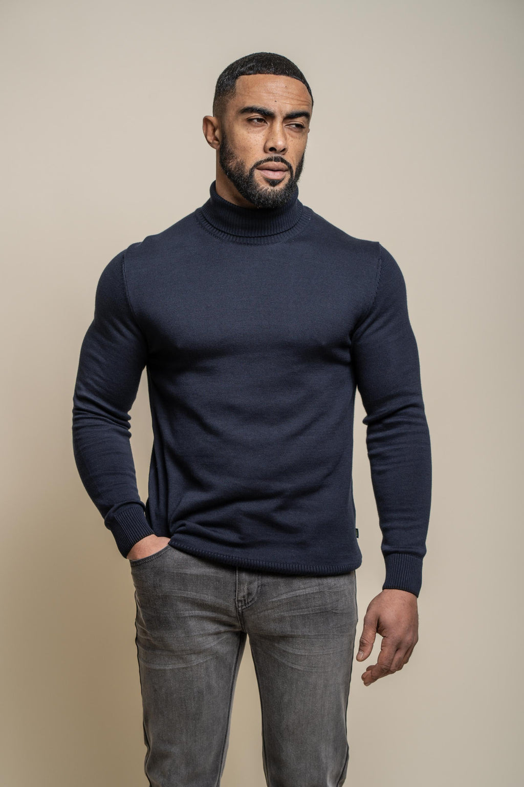 Men’s cotton roll turtleneck jumper, fine gauge knit