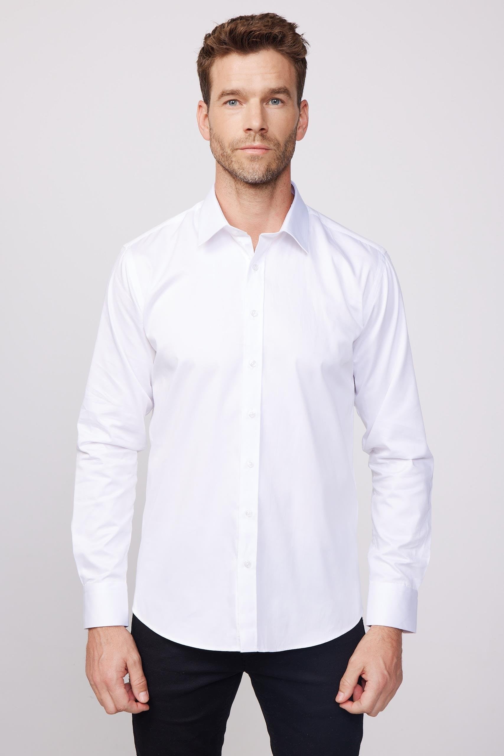 Mens White Slim Fit Cotton Satin Dress Shirt