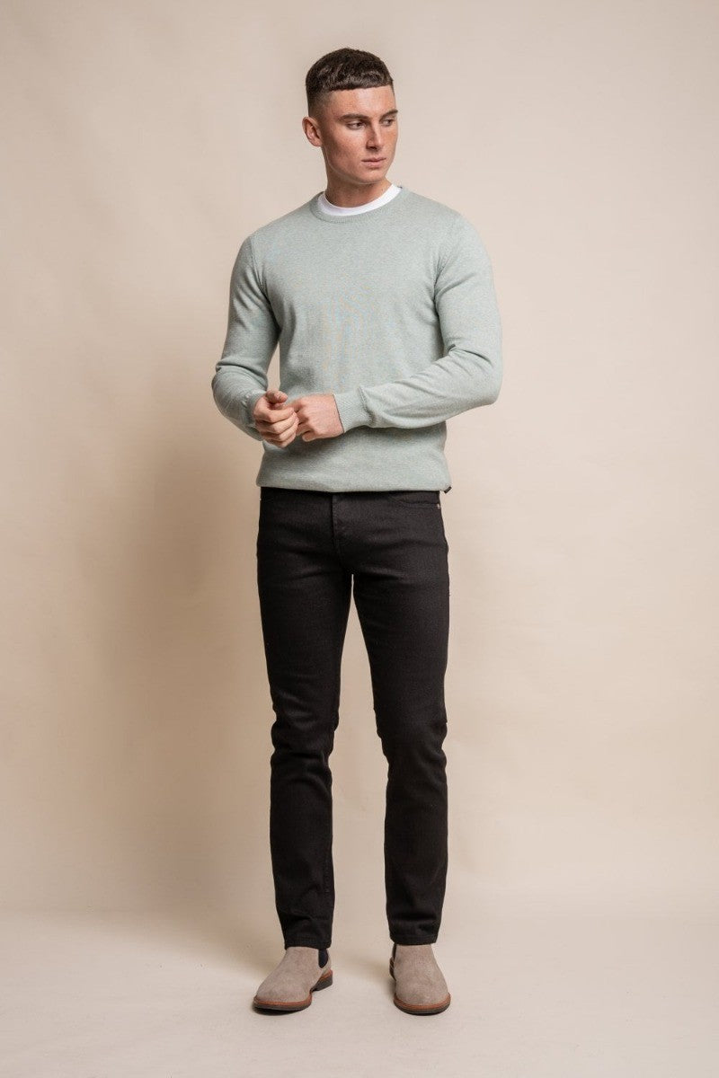 Mens Almond Green Cotton Slim Fit Crewneck Jumper