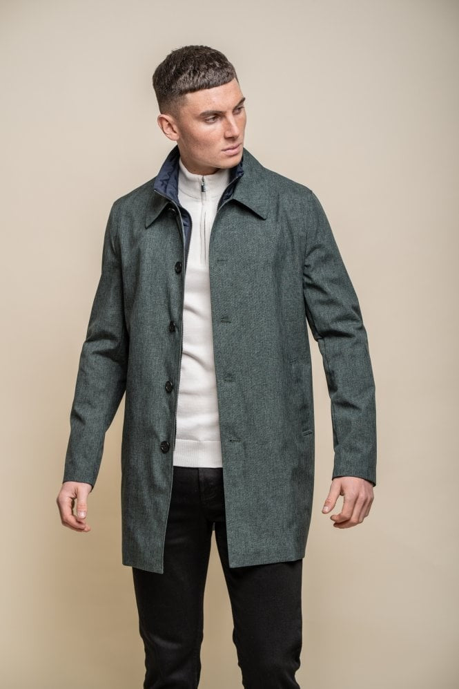 Men’s midi-length Geke coat with removable zipper in olive green, BRANDO.