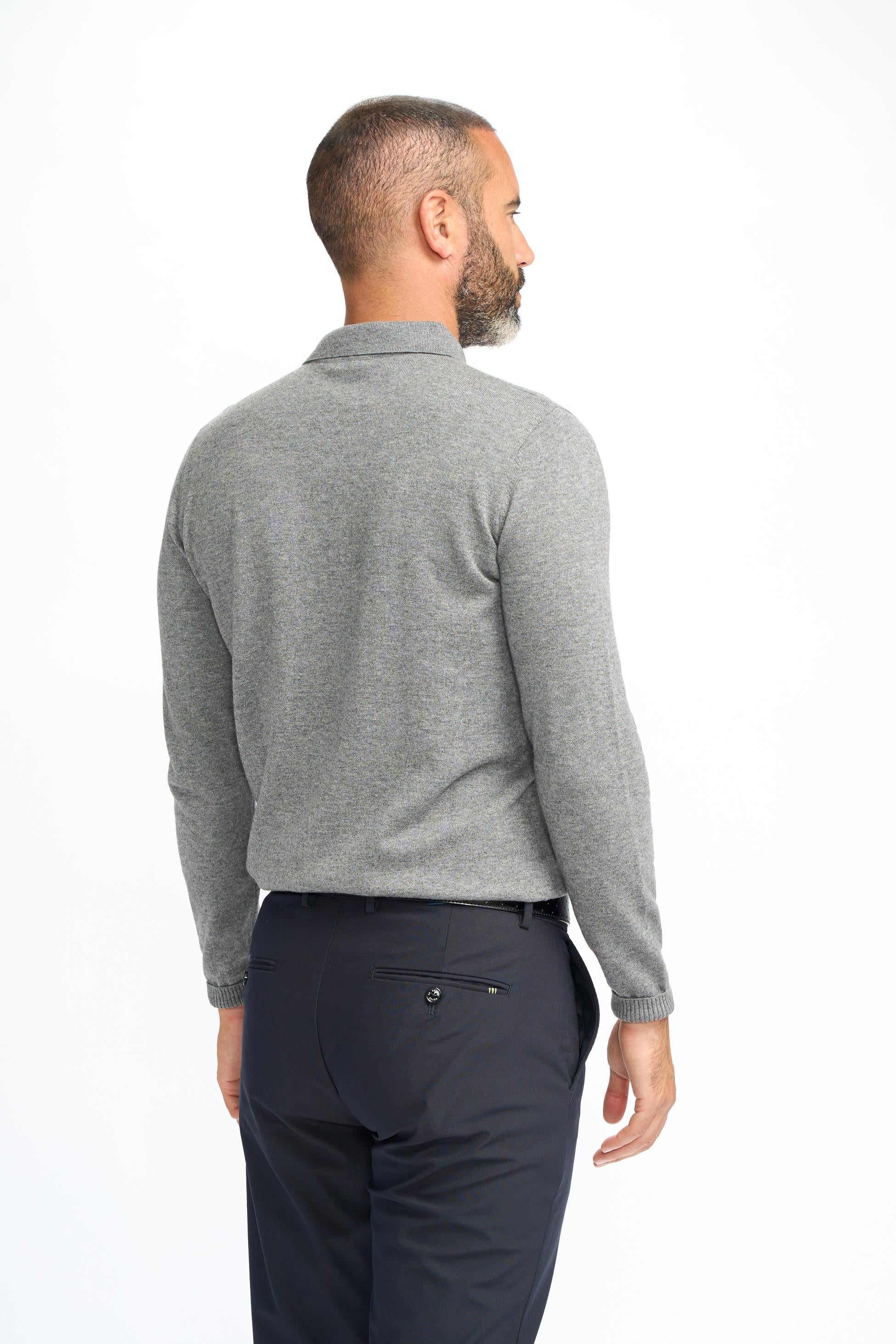 Mens Grey Wool Knit Long Sleeve Polo Shirt BOOM