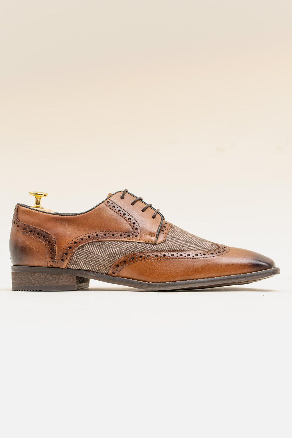 Mens Tan Brown Genuine Leather and Tweed Brogue Shoes FARO