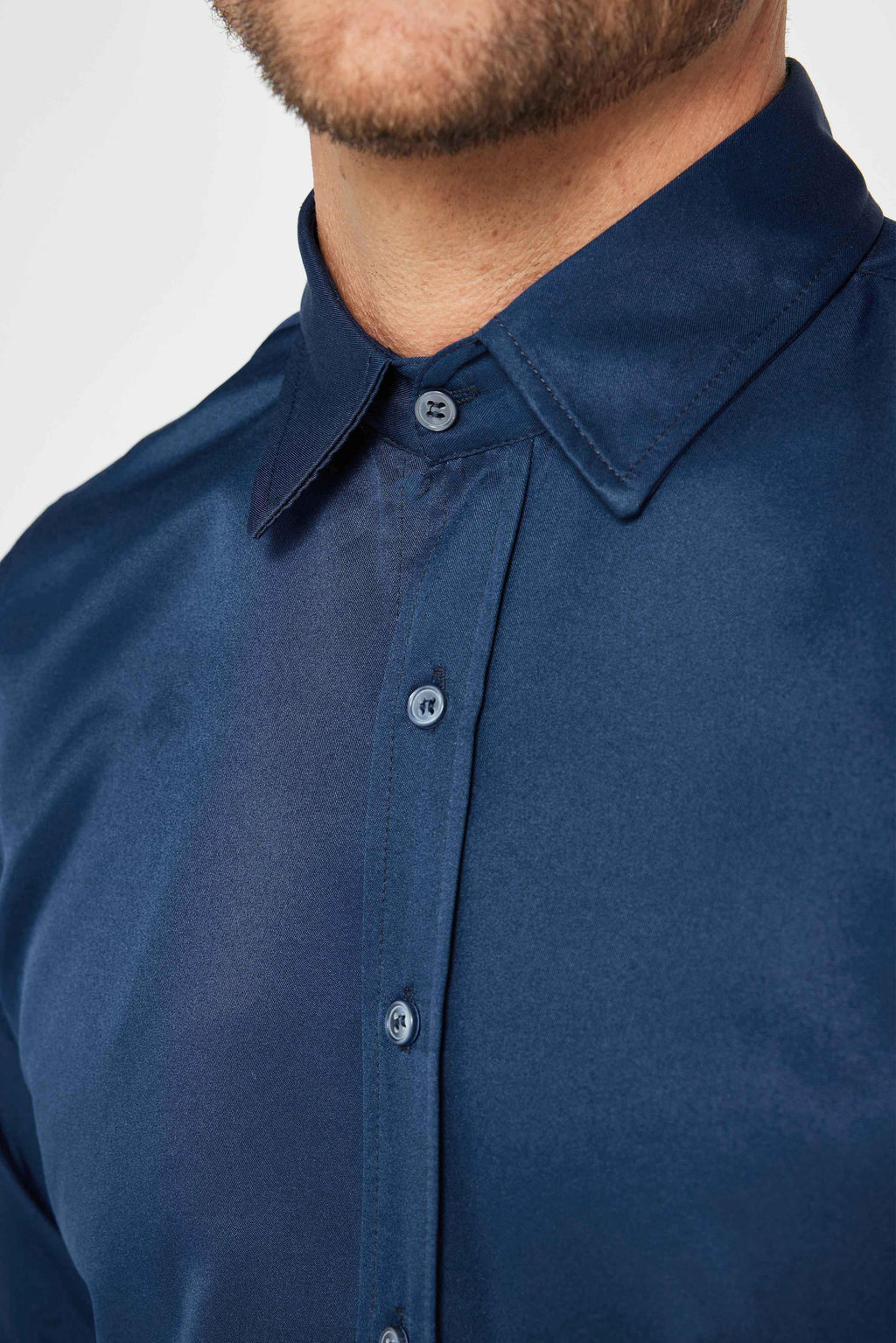 Mens Poly Navy Blue Slim Fit Long Sleeve Dress Shirt