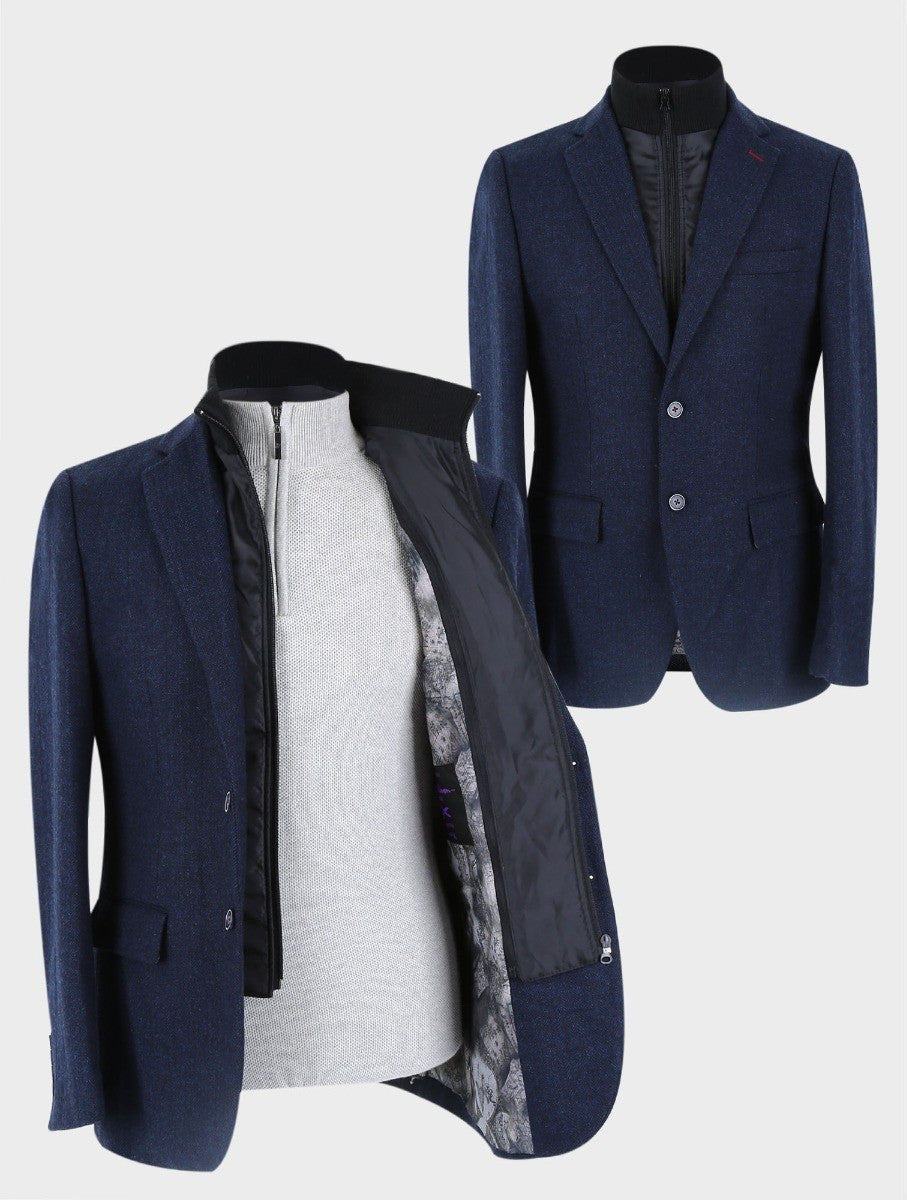 Mens Navy Herringbone Coat with Removable Zipper