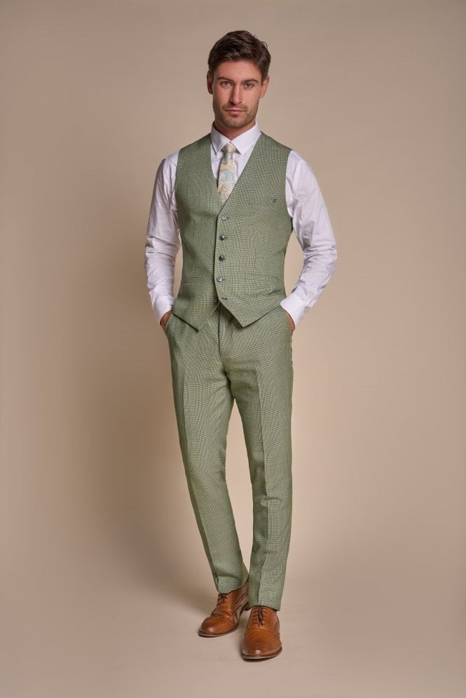 Mens Sage Green 3 Piece Tweed Glen Check Suit CARIDI