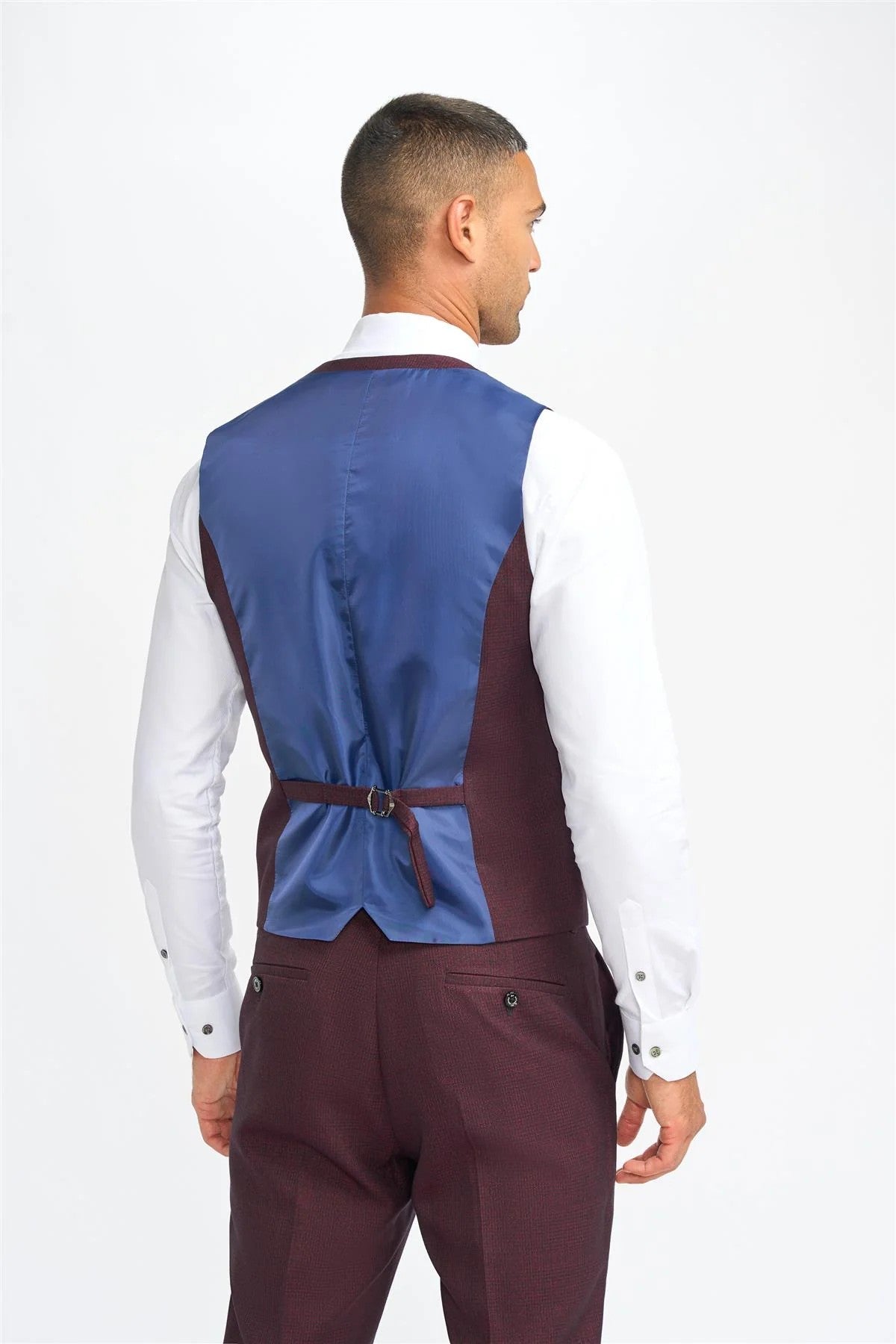 Mens Wine Tweed Glen Check Slim Fit Formal Waistcoat CARIDI