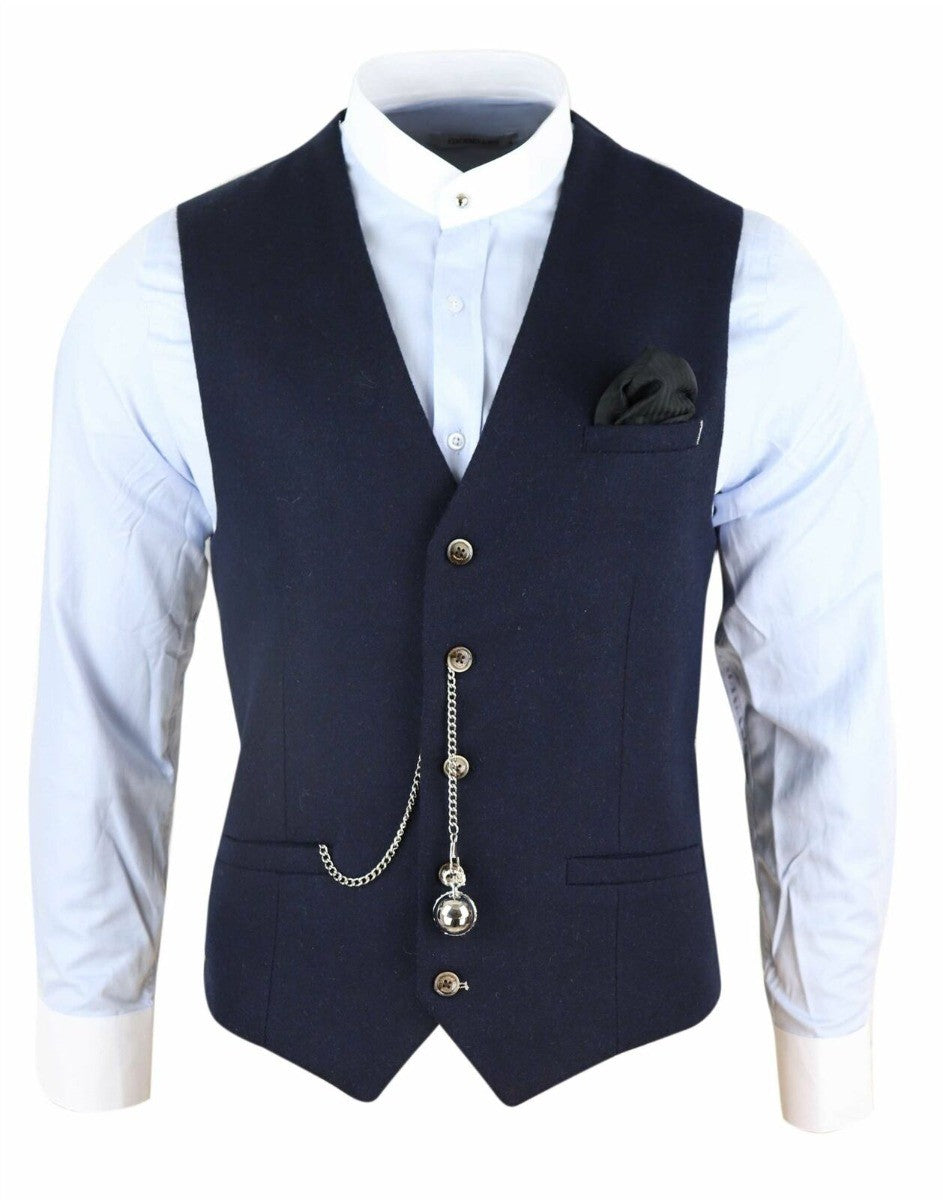 Mens navy tweed wool blend waistcoat Kyra