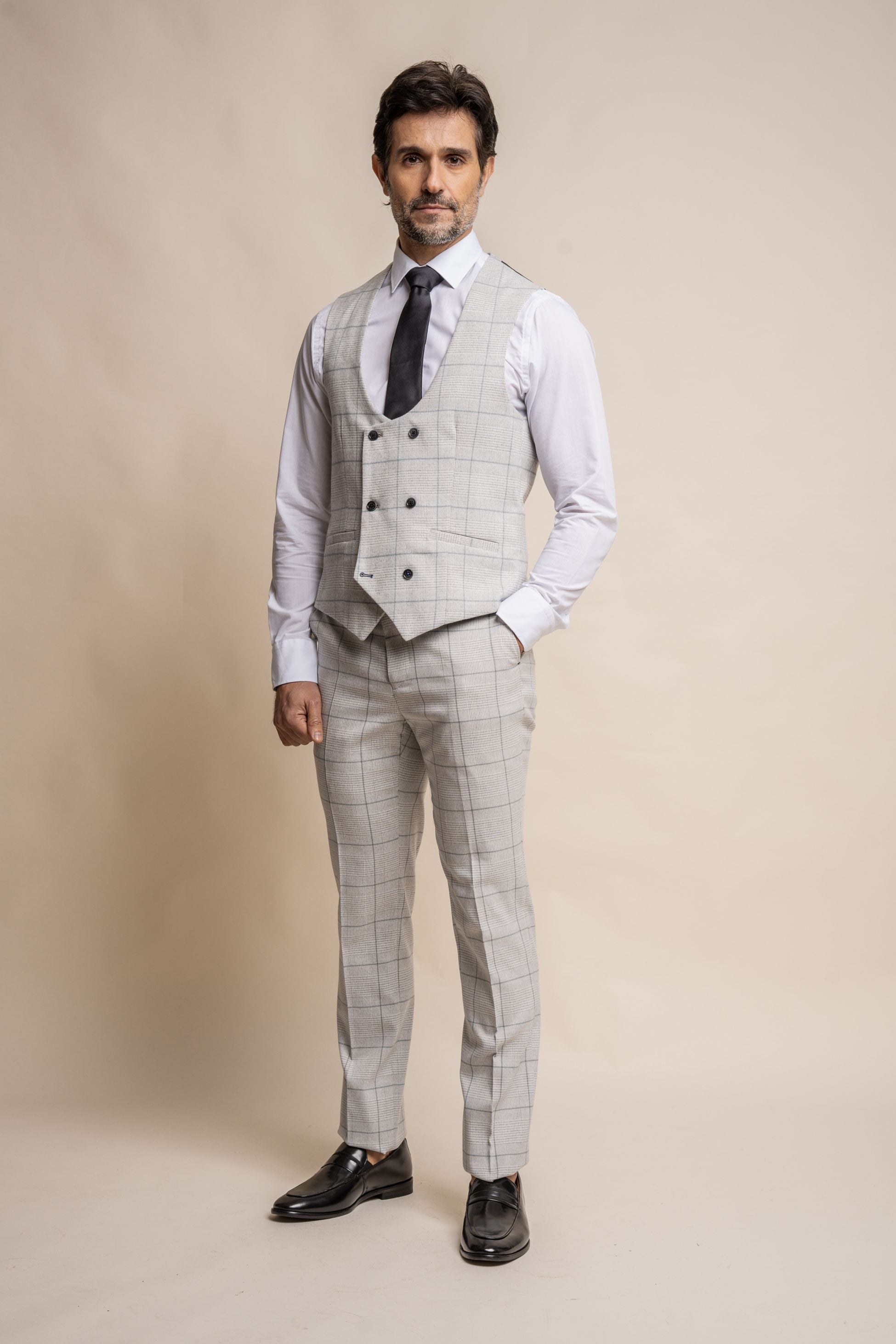 Mens Light Grey Double Breasted Retro Check Waistcoat RADIKA