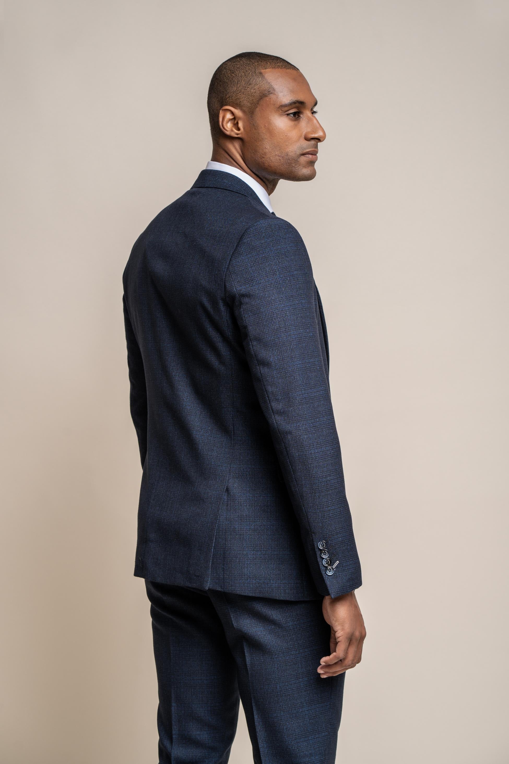 Men’s Navy Tweed Glen Check Slim Fit Suit Jacket CARIDI