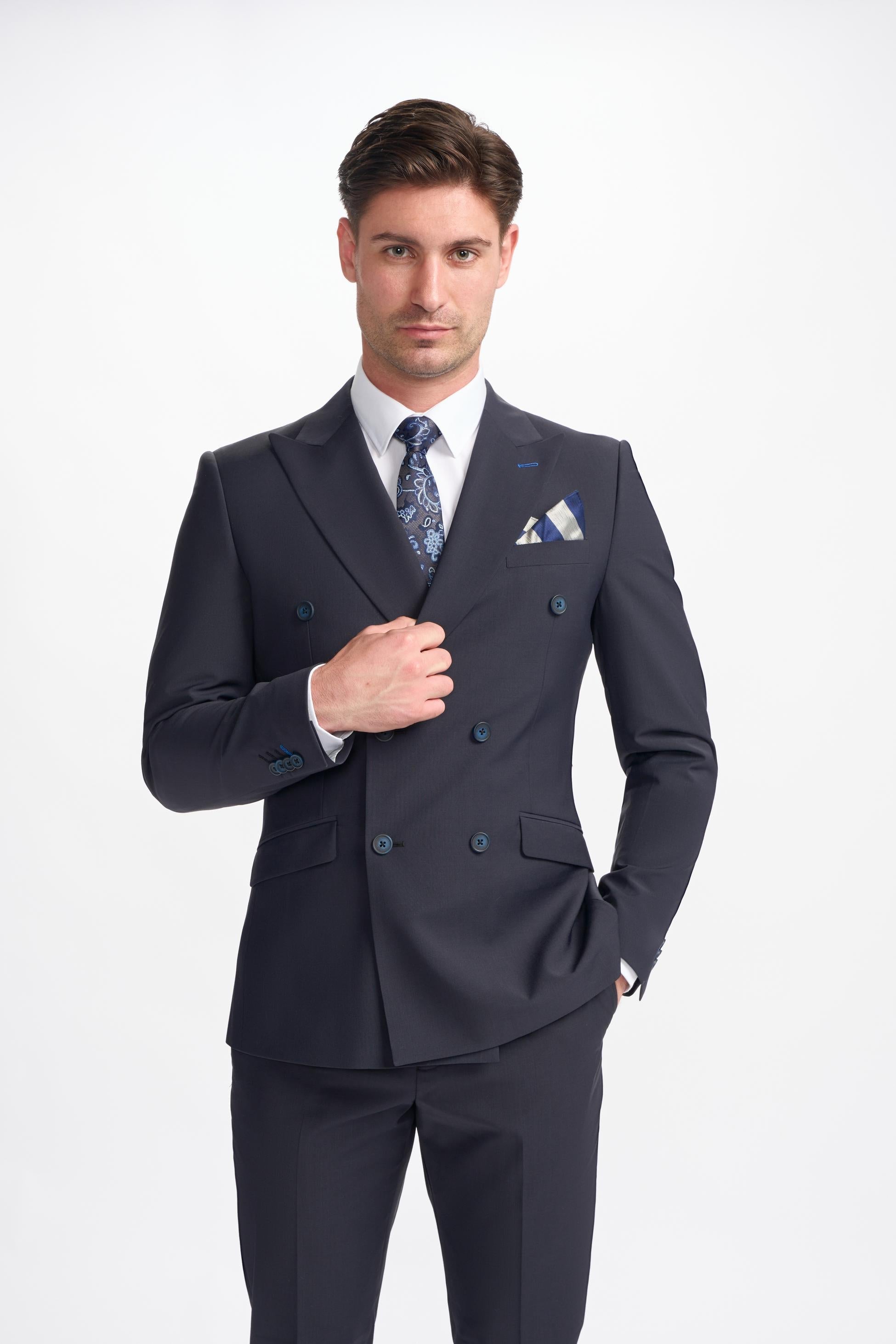 BOND D/B Midnight Blue Men's Wool Blend Double-Breasted Suit