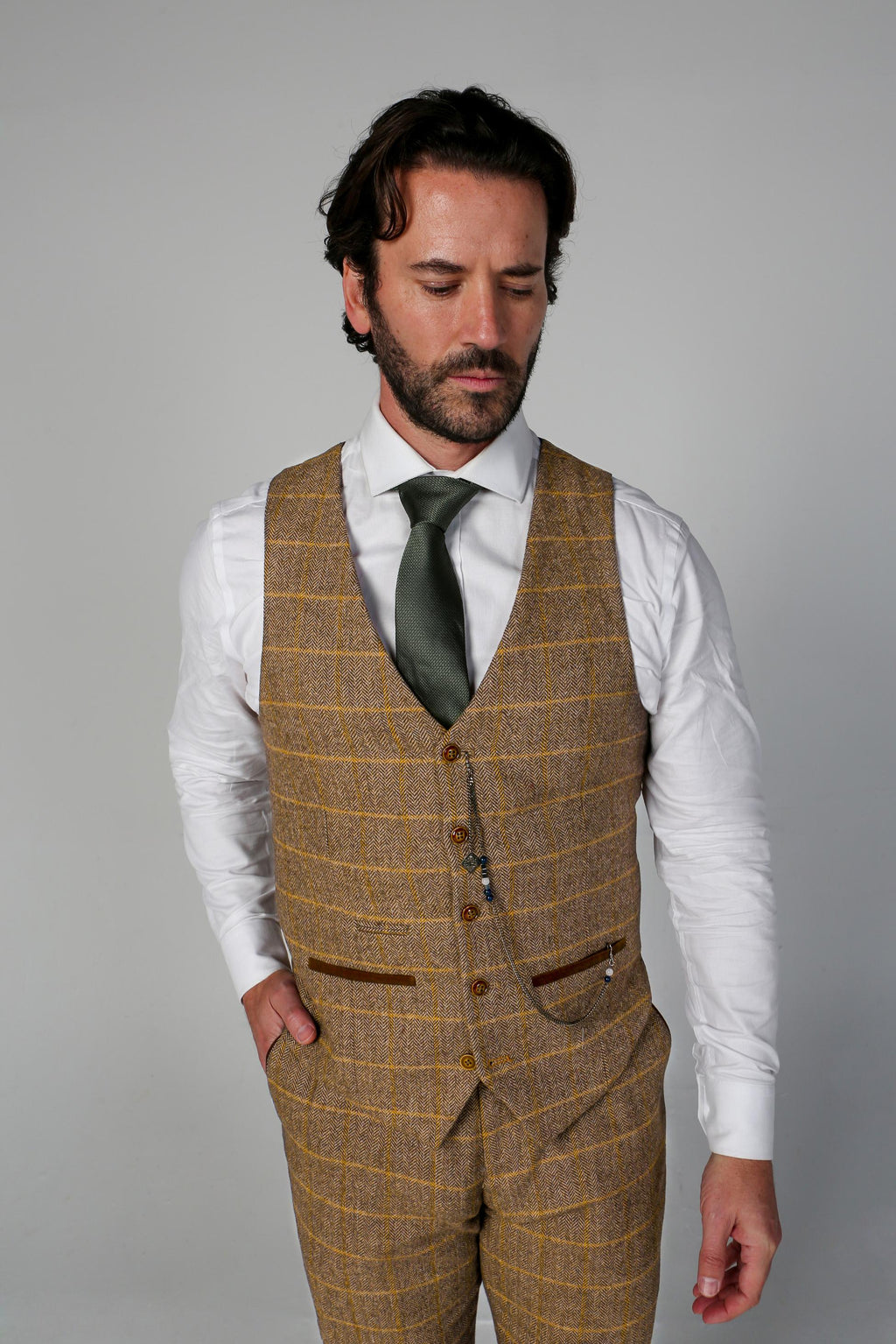 Men's Harris Cognac Brown Tweed Windowpane Formal Suit