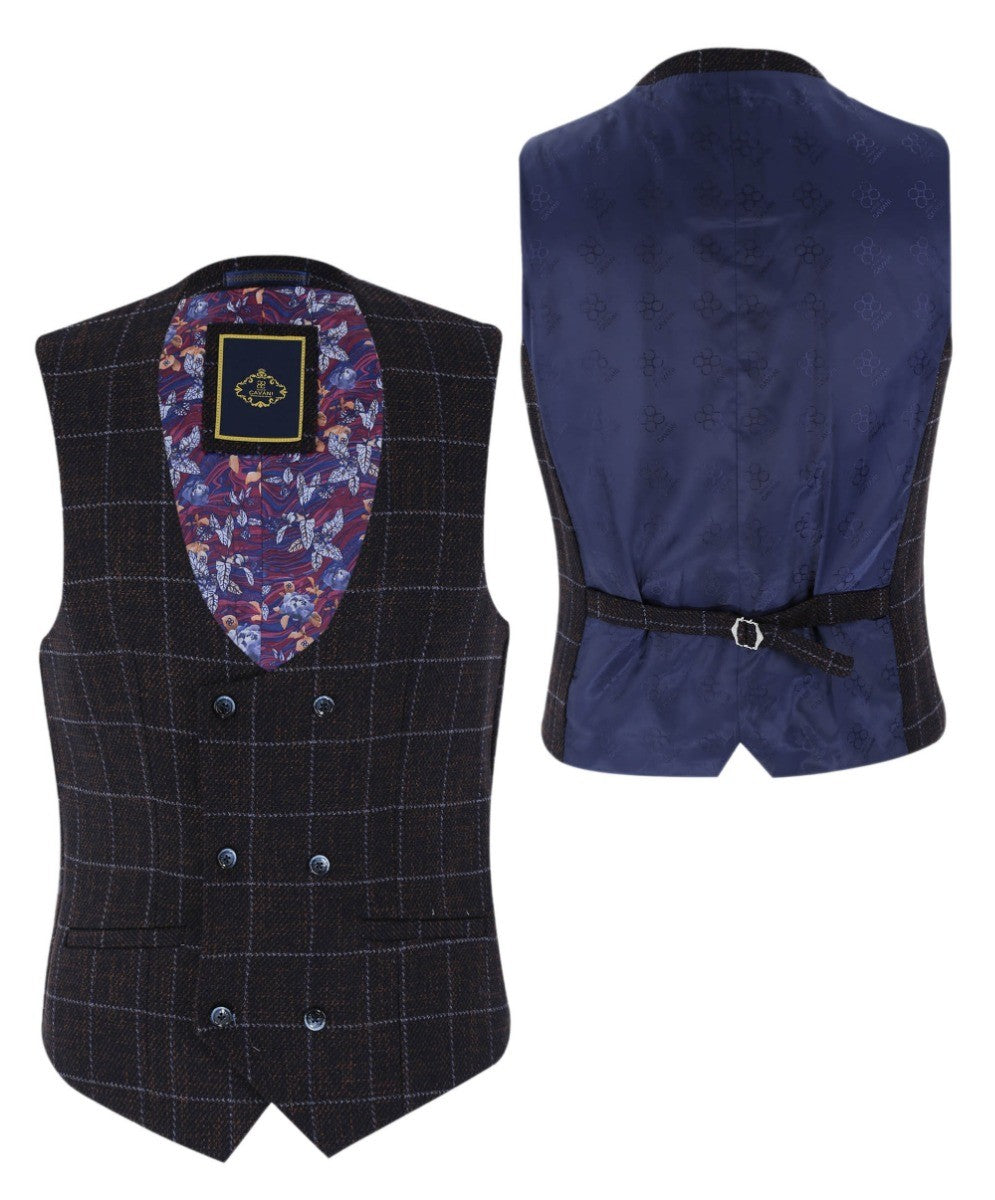 Mens Dark Brown Tweed Check Slim Fit Formal Trousers KERBER