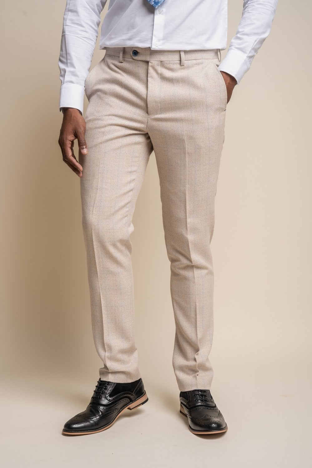 Men's Tweed Glen Check Slim Fit Trousers - CARIDI - Beige