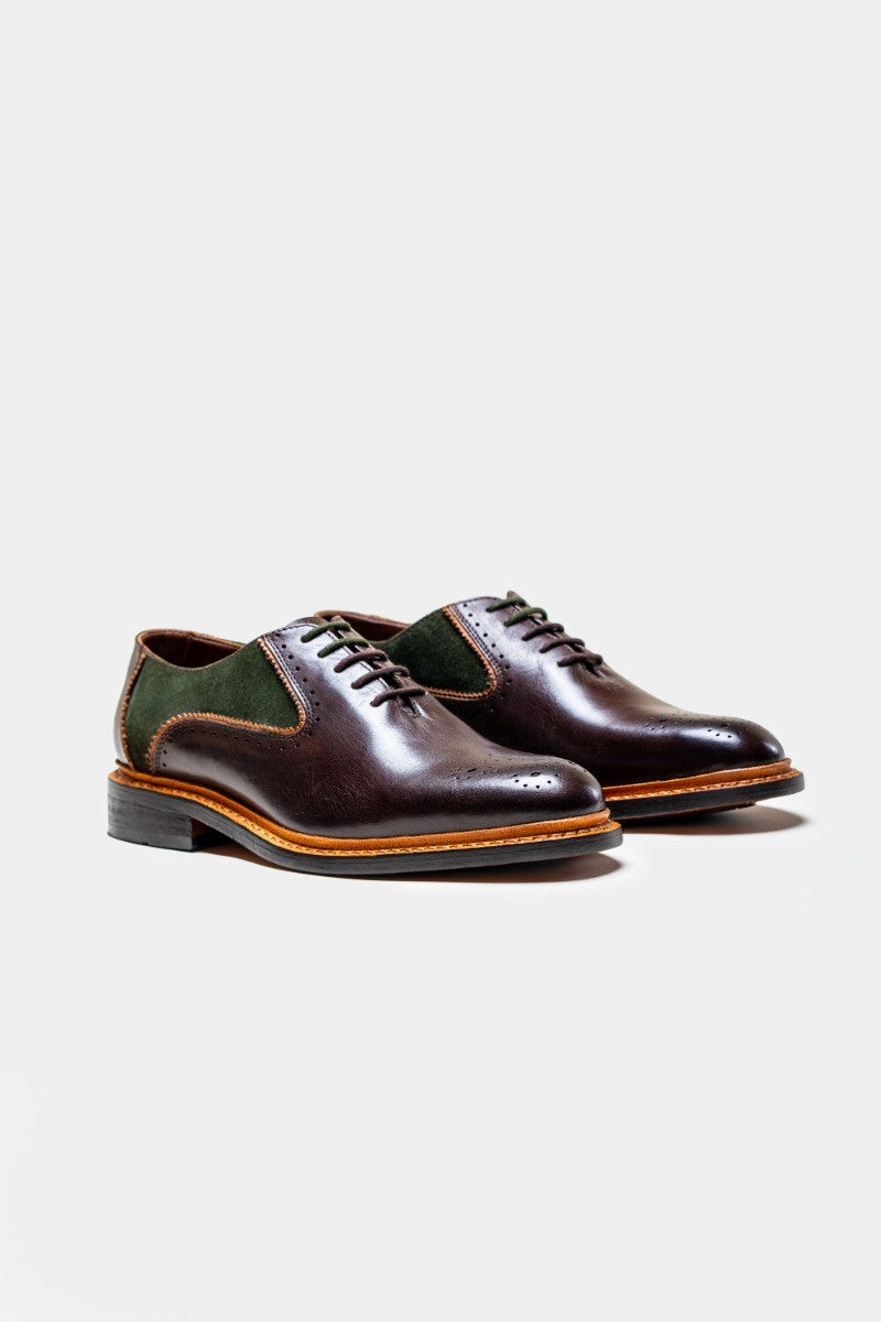 Men's brown and olive lace-up suede and leather dress shoes, BRENTWOOD.
