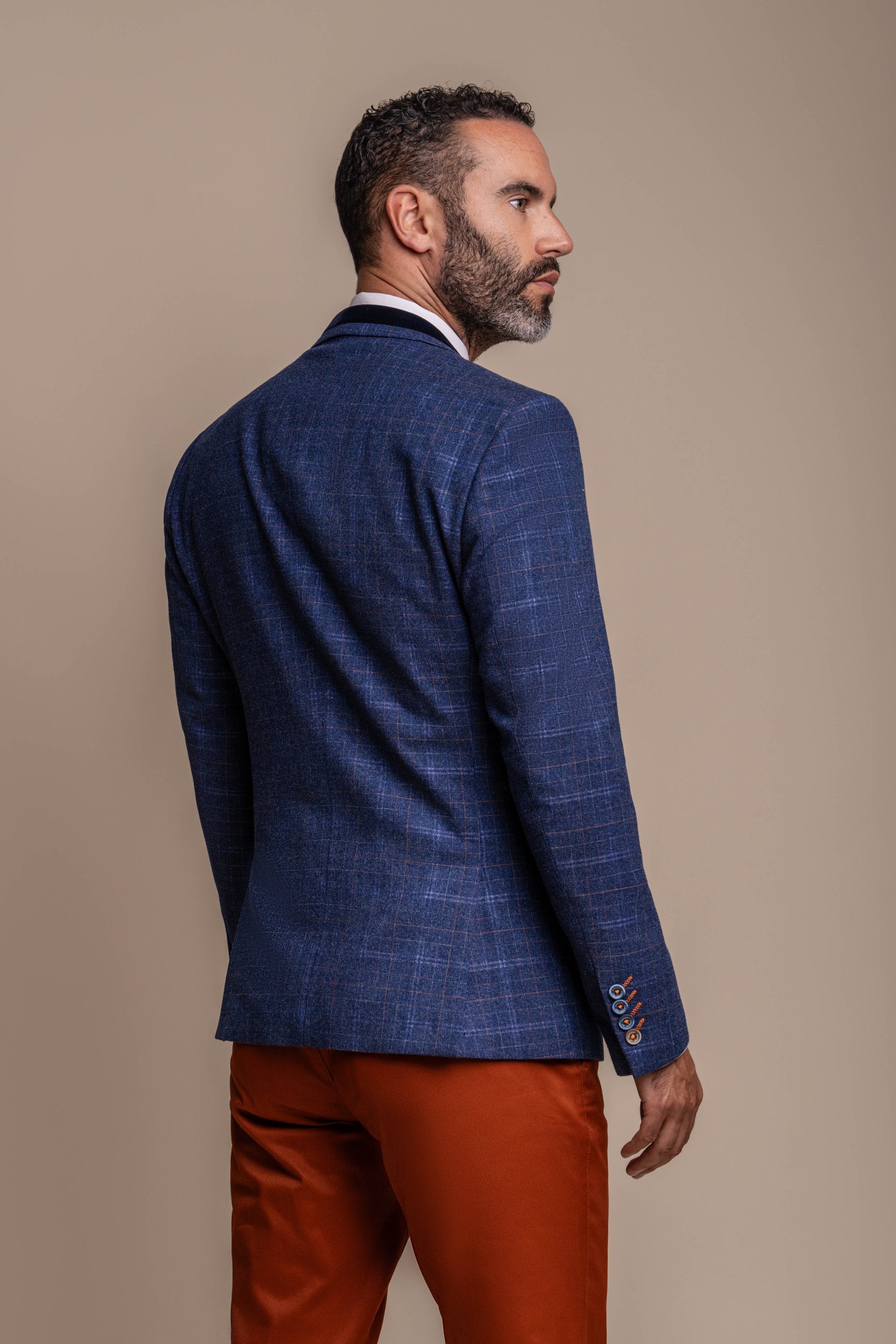 Men's Navy Blue Tweed Check Blazer with Rust Brown Chino Combination