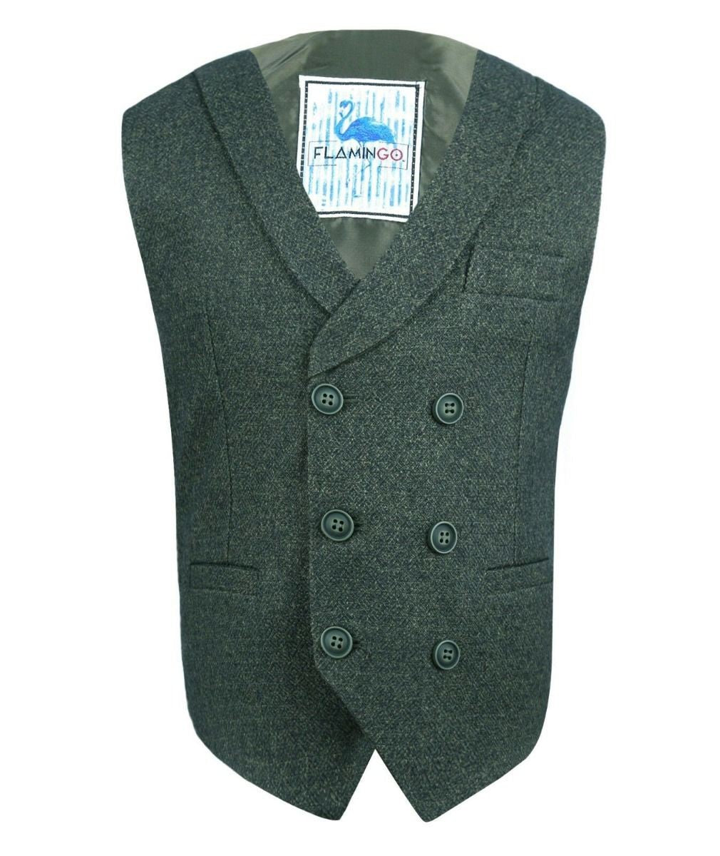 Mens green herringbone tweed double breasted waistcoat Alpini