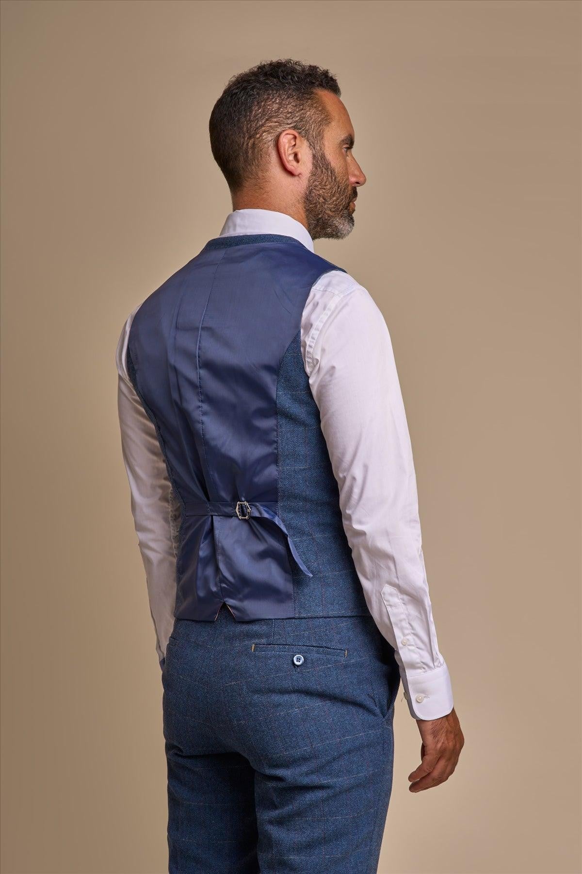 Mens Blue Slim Fit Herringbone Tweed Suit Waistcoat CARNEGI