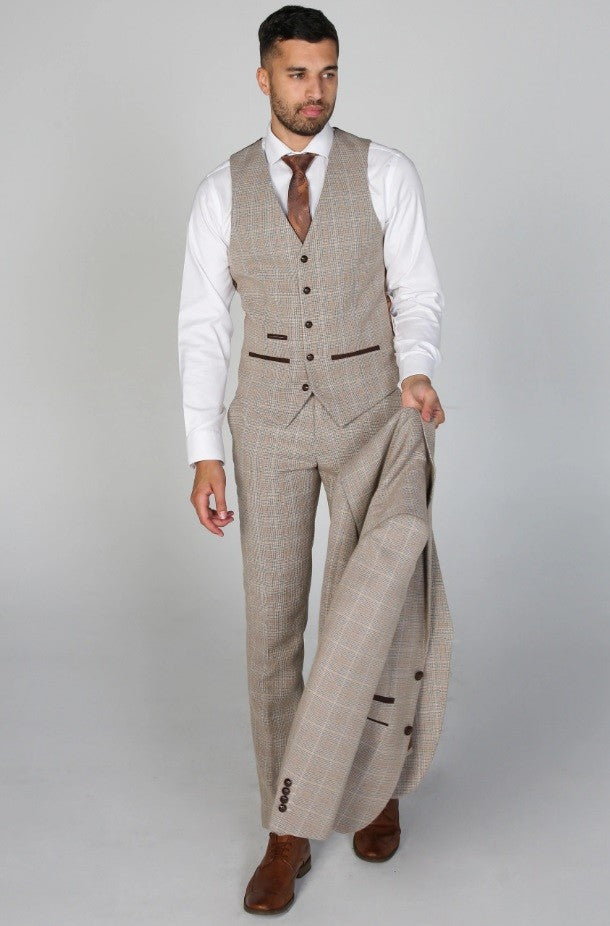 Mens Beige Brown Tweed Check Tailored Fit Suit HOLLAND