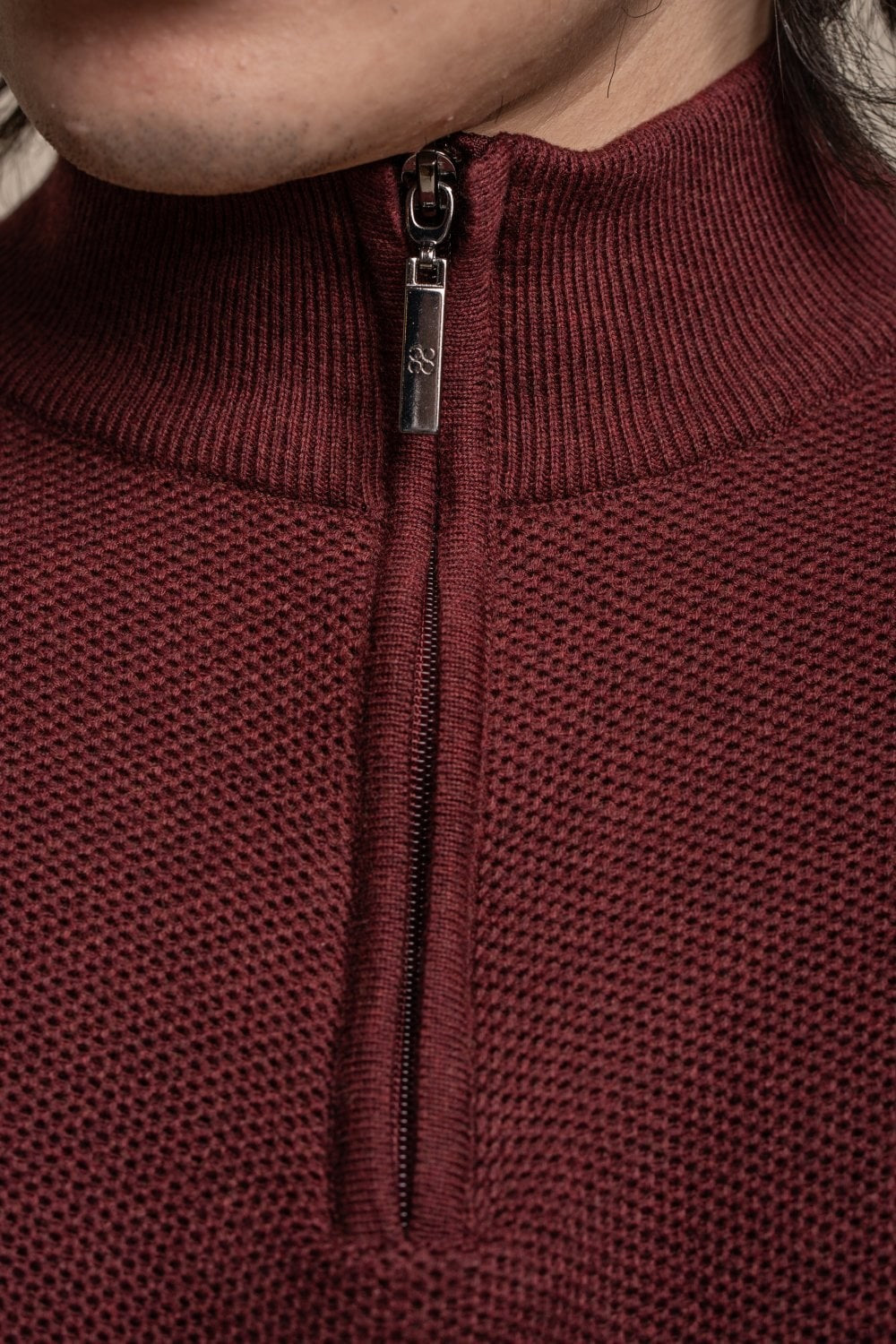 Mens Wine Half Zip Knit Cotton Pullover KYLE