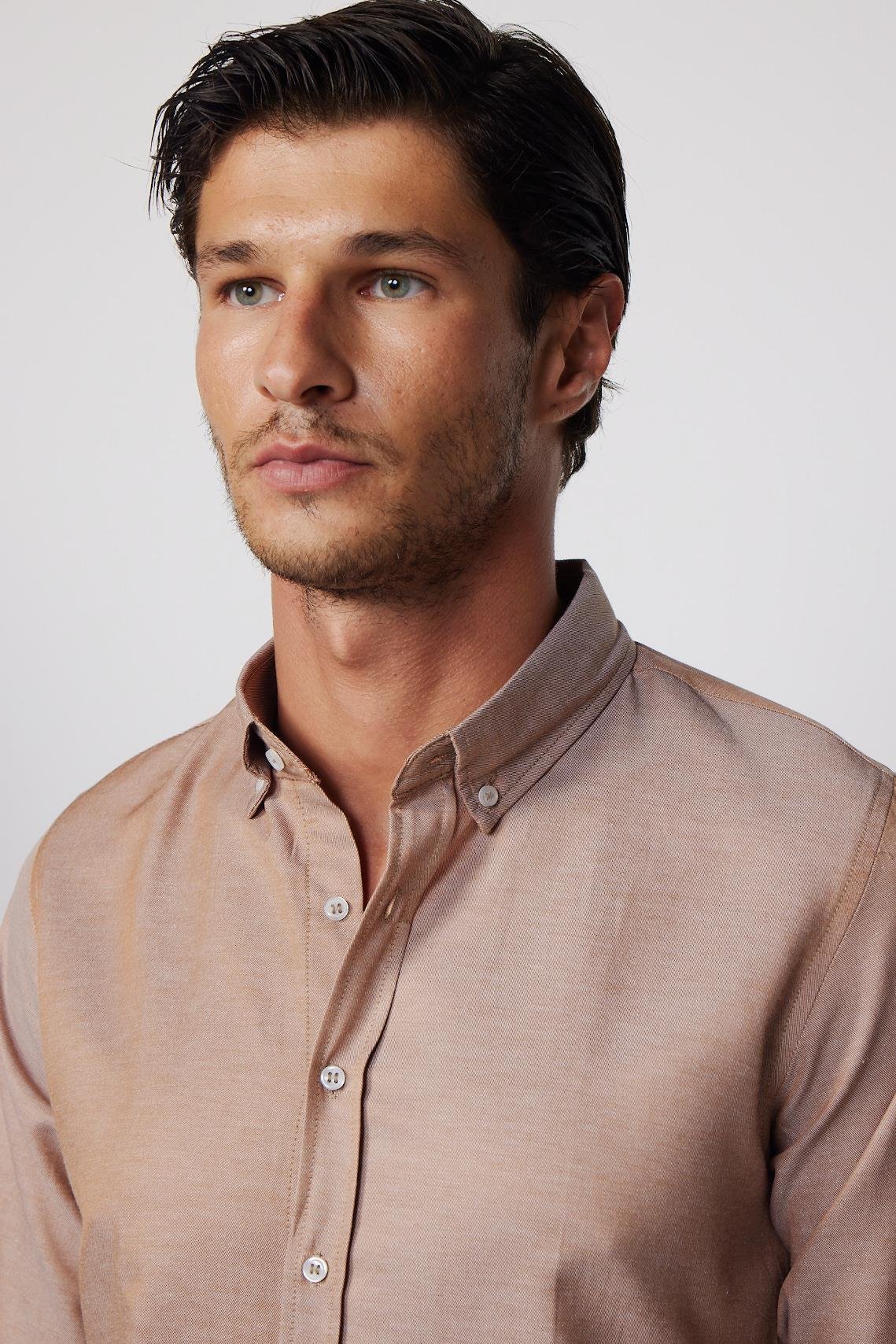 Mens Tan Gabardin Slim Fit Cotton Oxford Button Down Shirt