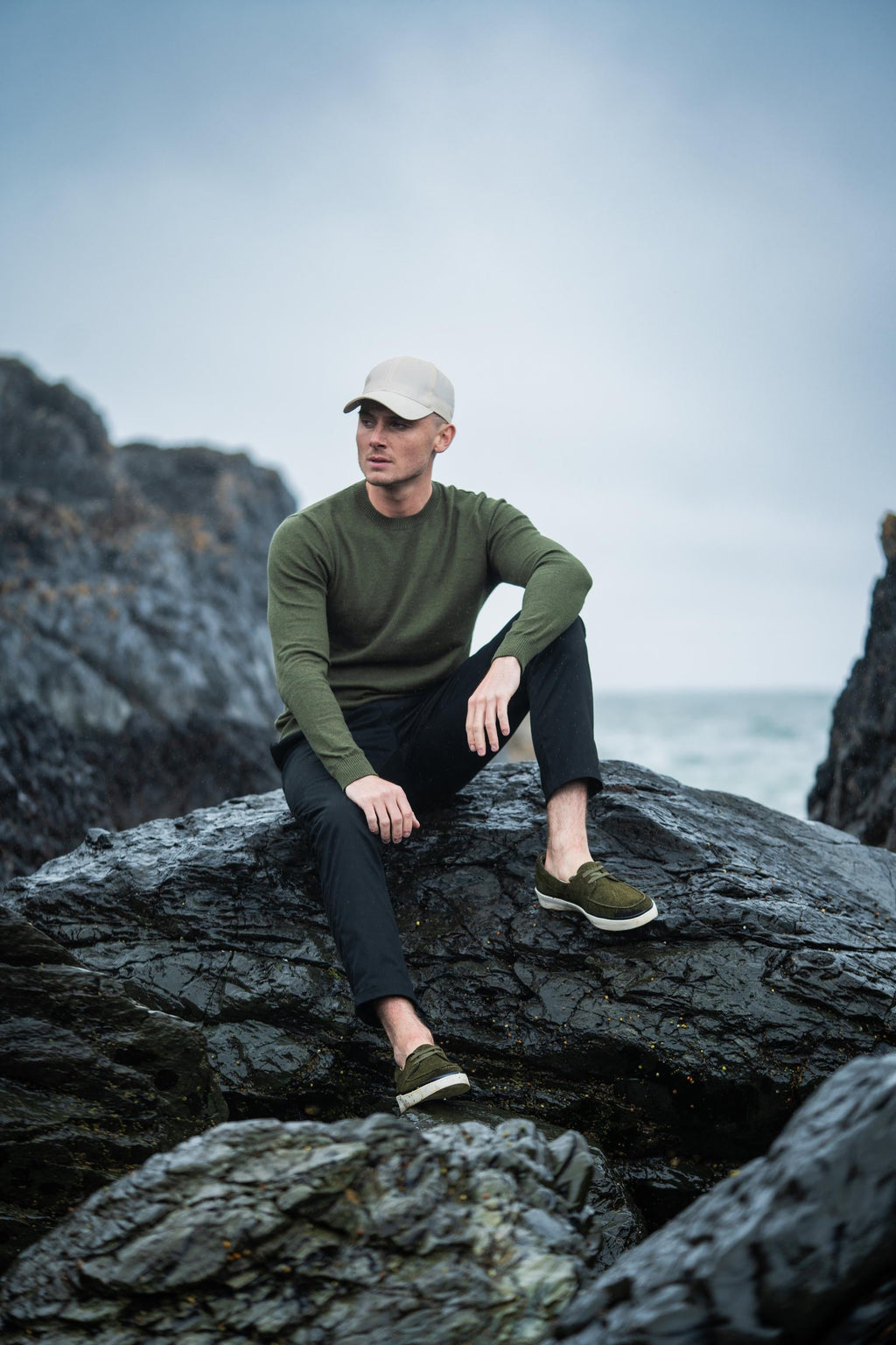 Mens Olive Green Wool Blend Knit Pullover Jumper CONNALL