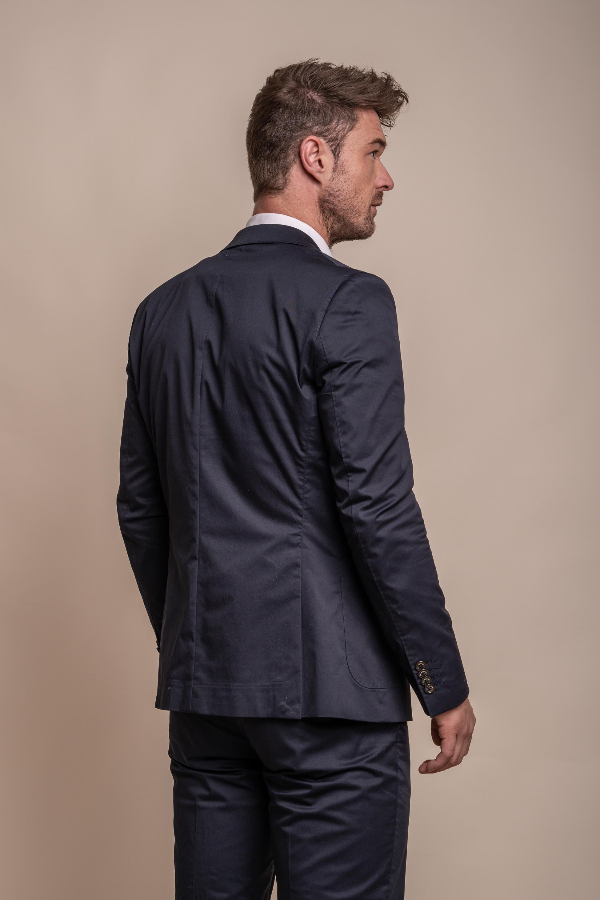 Mens Navy Cotton Slim Fit Formal Suit Jacket MARIO