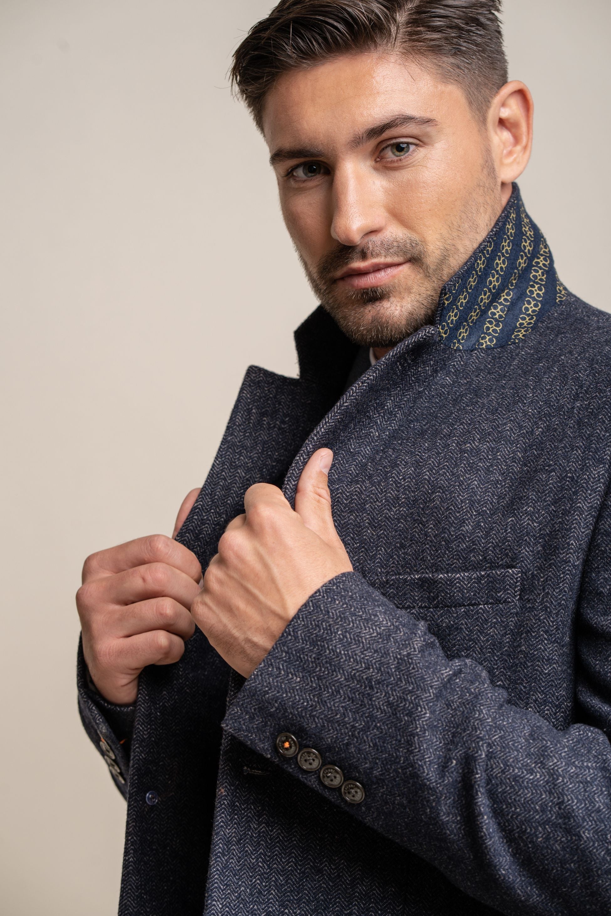 Men's azure blue wool midi coat, ROMAN.