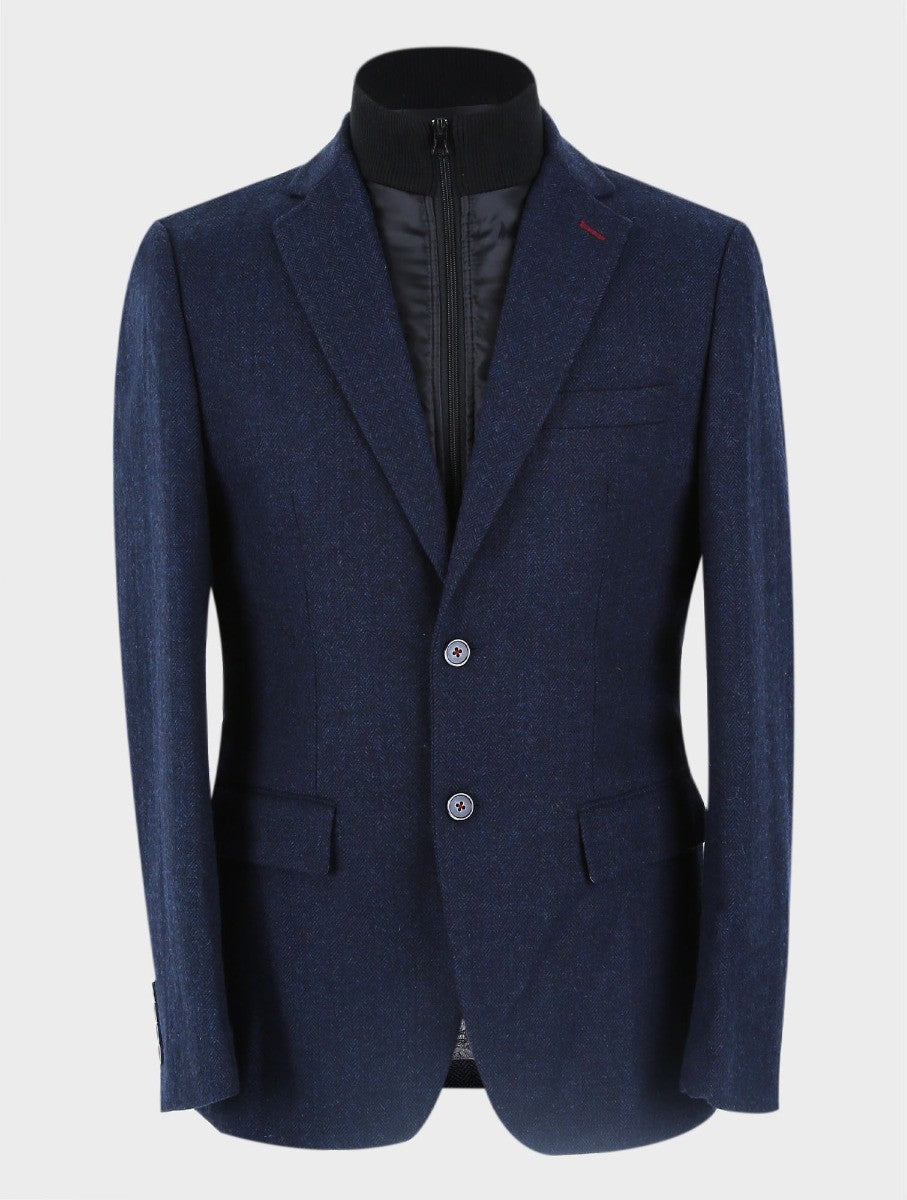 Mens Navy Herringbone Coat with Removable Zipper