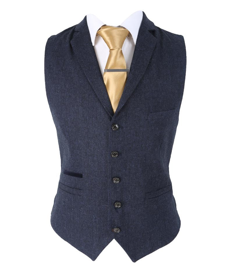 Mens navy herringbone tweed slim fit waistcoat Martez