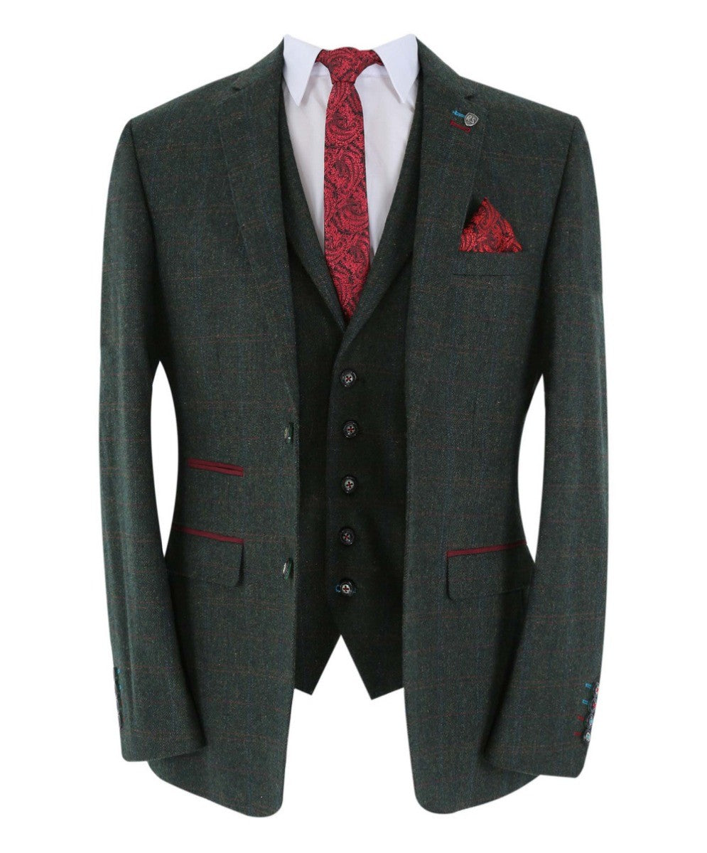 Men's tailored fit tweed check dark green suit
