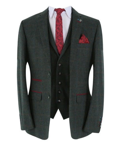 Men's tailored fit tweed check dark green suit