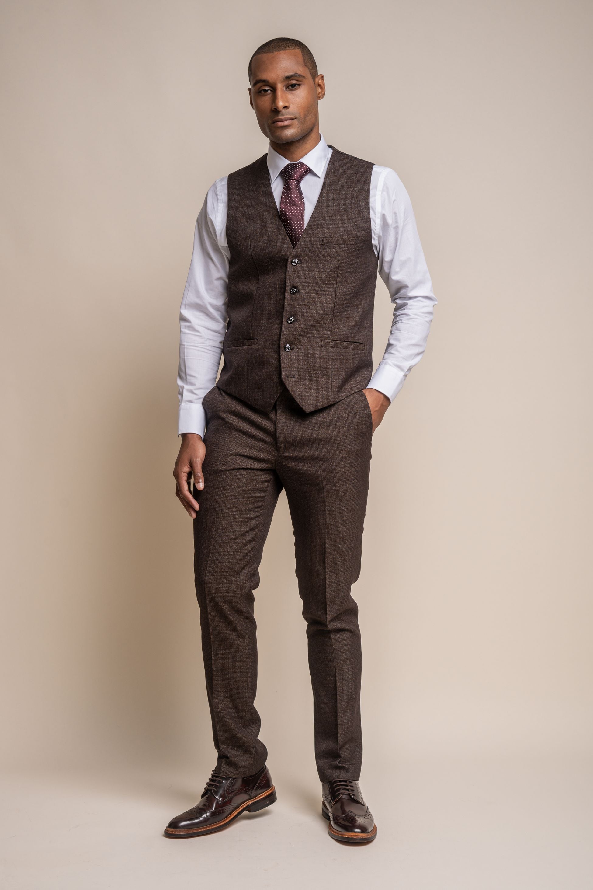 Mens Brown Tweed Glen Check Slim Fit Formal Waistcoat CARIDI