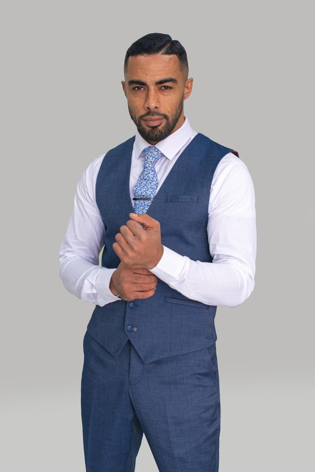 Mens Steel Blue Denim Look Slim Fit Formal Suit STEELE