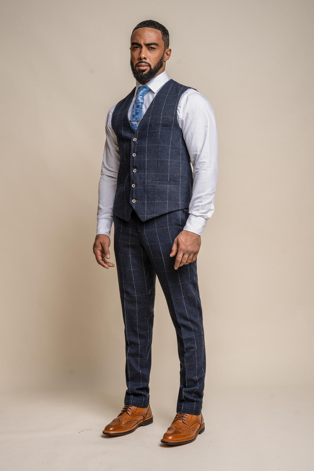 Mens Navy Wool Windowpane Check Waistcoat ANGELS
