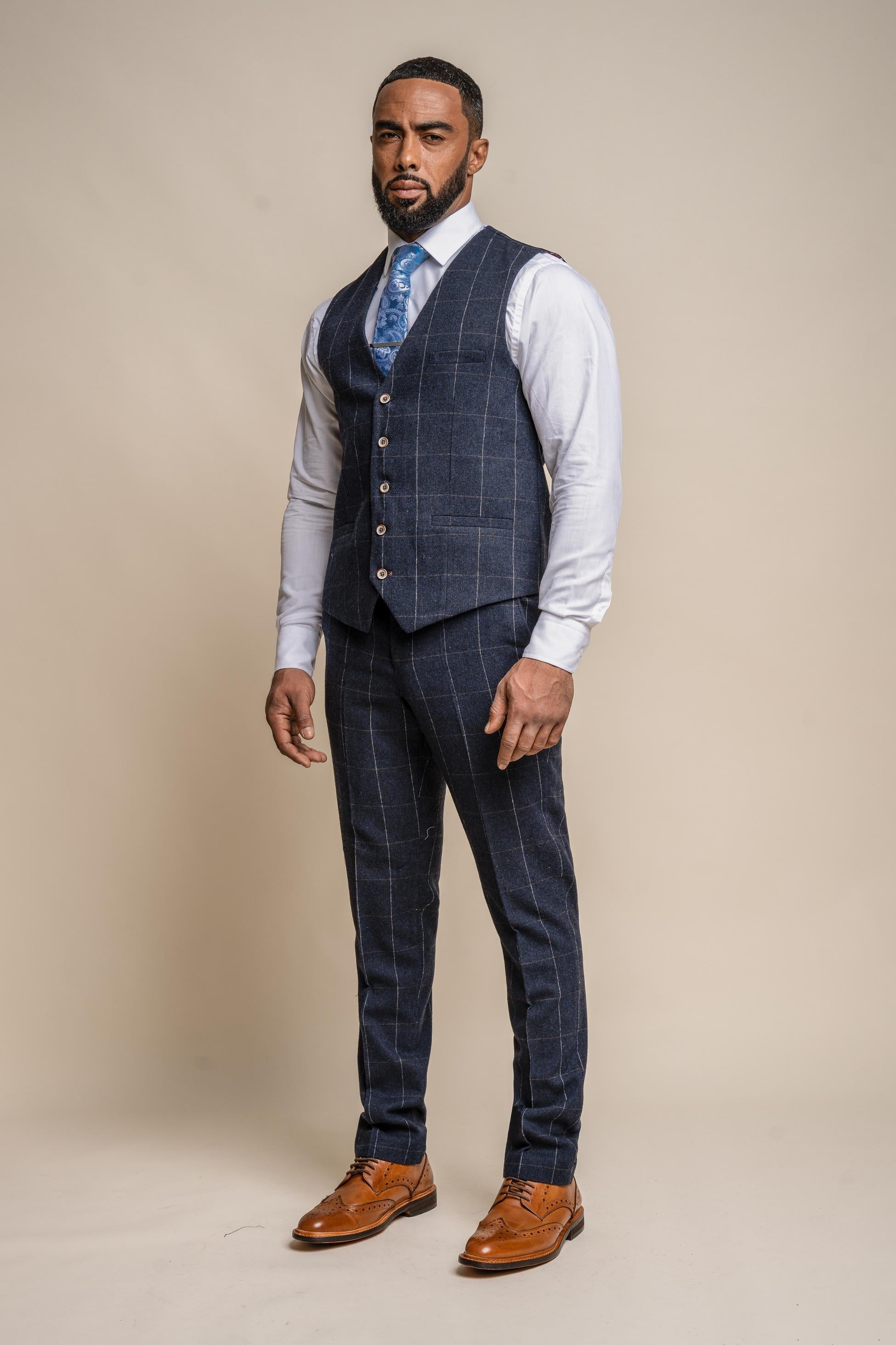 Mens Navy Wool Windowpane Check Waistcoat ANGELS