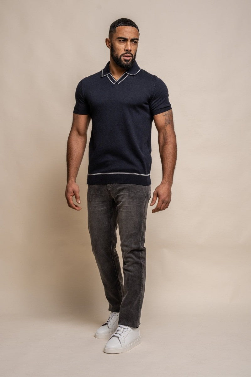 Mens Navy Blue Cotton Knitted Short Sleeve Polo T Shirt SEPPI